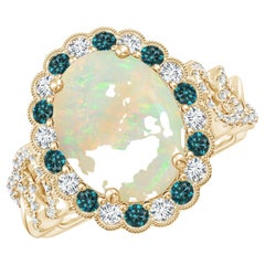 Anello di opale naturale certificato GIA in oro giallo con diamanti blu e bianchi