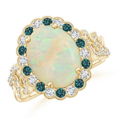 Angara Gia Certified Natural Opal Ring in Yellow Gold with Blue & White Diamonds