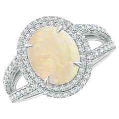 Bague à double halo d'opales naturelles à tige fendue en or blanc certifiée GIA