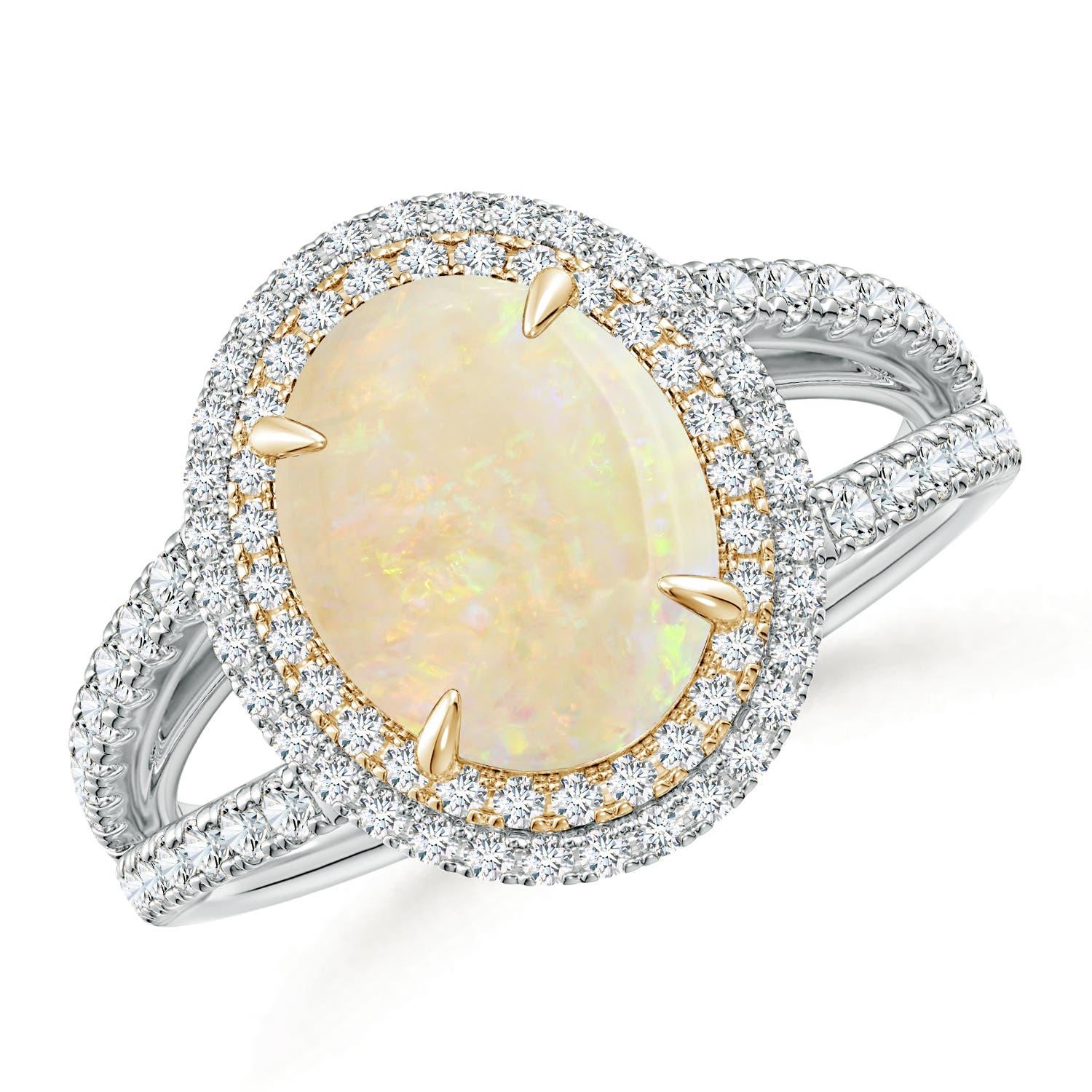 En vente :  Bague à double halo d'opales naturelles à tige fendue en or jaune certifiée GIA