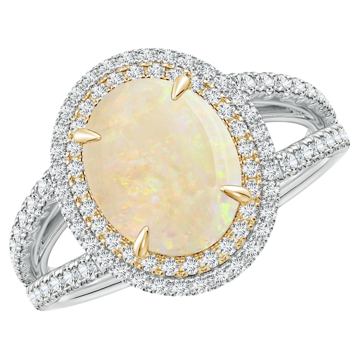 For Sale:  Angara Gia Certified Natural Opal Split Shank Double Halo Ring in Yellow Gold