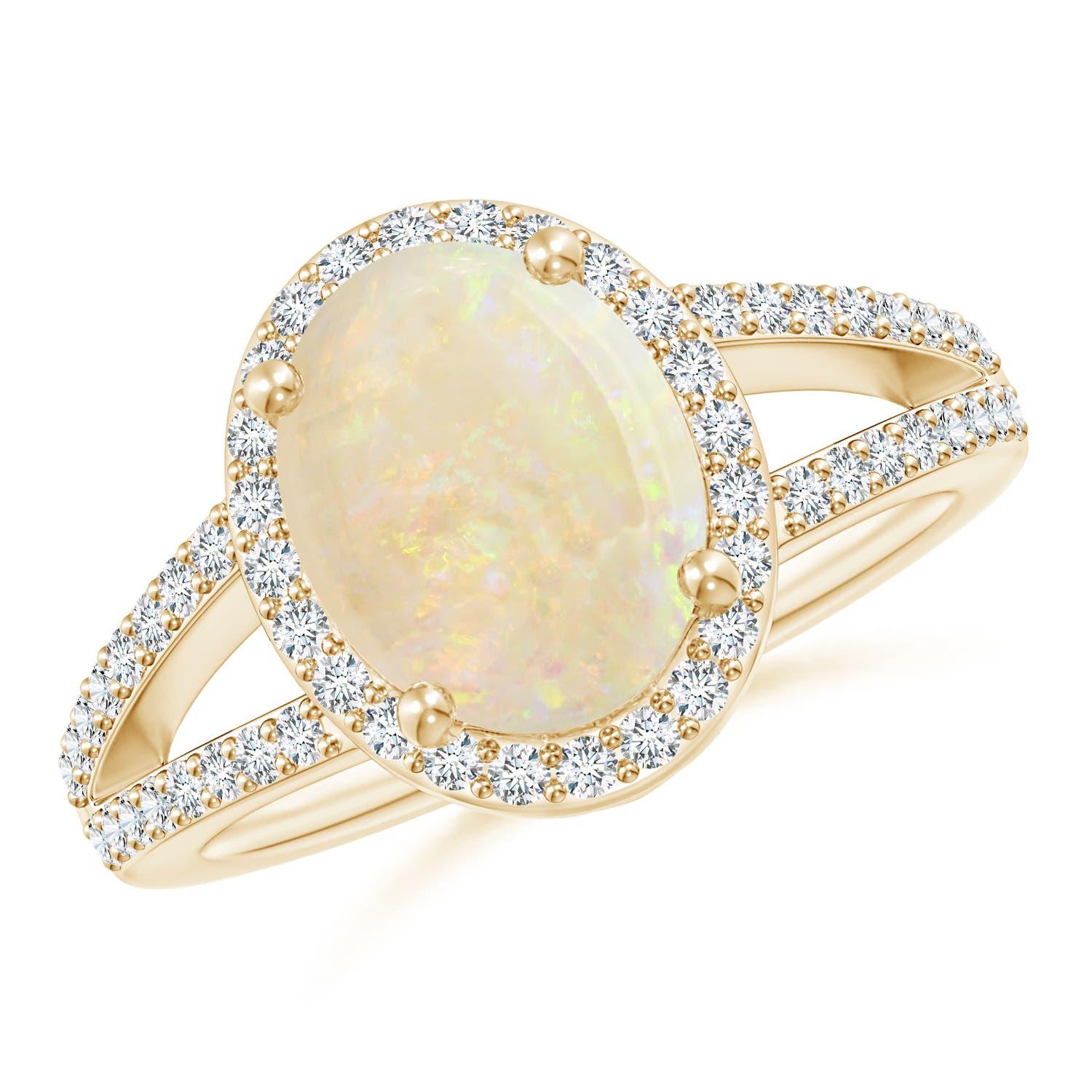 For Sale:  GIA Certified Natural Opal Split Shank Halo Ring in Yellow Gold