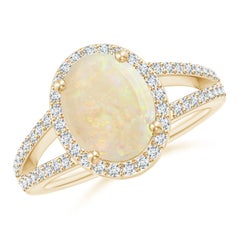 GIA-zertifizierter natürlicher Opal-Halo-Ring aus Gelbgold mit geteiltem Schaft