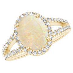 GIA Certified Natural Opal Split Shank Halo Ring in Yellow Gold