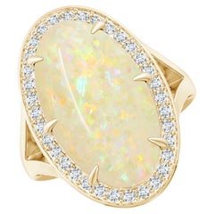 GIA Certified Natural Opal Split Shank Yellow Gold Ring with Diamond Halo