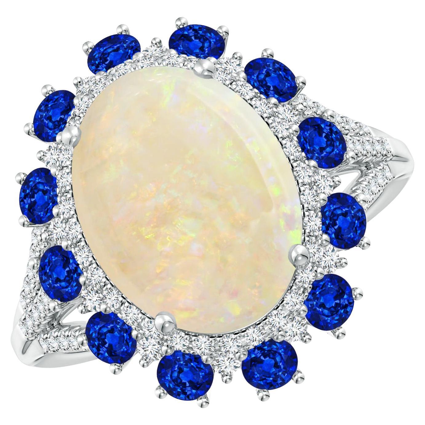 GIA Certified Natural Opal with Sapphire & Diamond Halo White Gold Ring