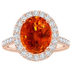 Anello con zaffiro arancione naturale certificato Gia Angara con diamante a raggiera in oro rosa