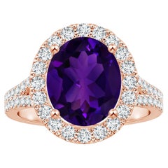 Anello con ametista ovale naturale certificata Nature in Oro rosa 14K con aureola di diamanti