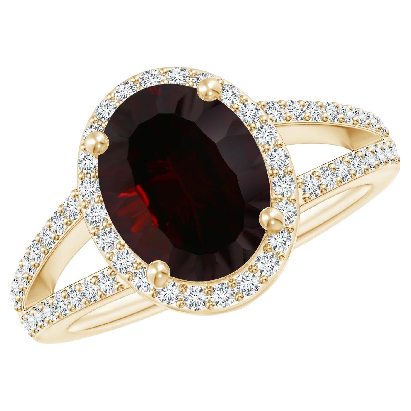 GIA Certified Natural Oval Garnet Split Shank Halo Ring in Yellow Gold