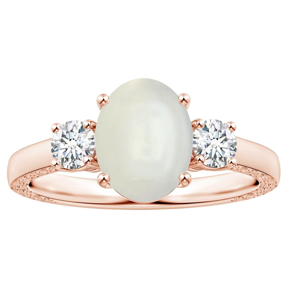 For Sale:  GIA Certified Natural Oval Rainbow Moonstone 3-Stone Ring in Rose Gold