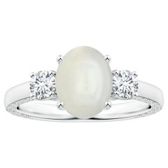 Angara GIA Certified Natural Oval Rainbow Moonstone 3-Stone Ring in White Gold