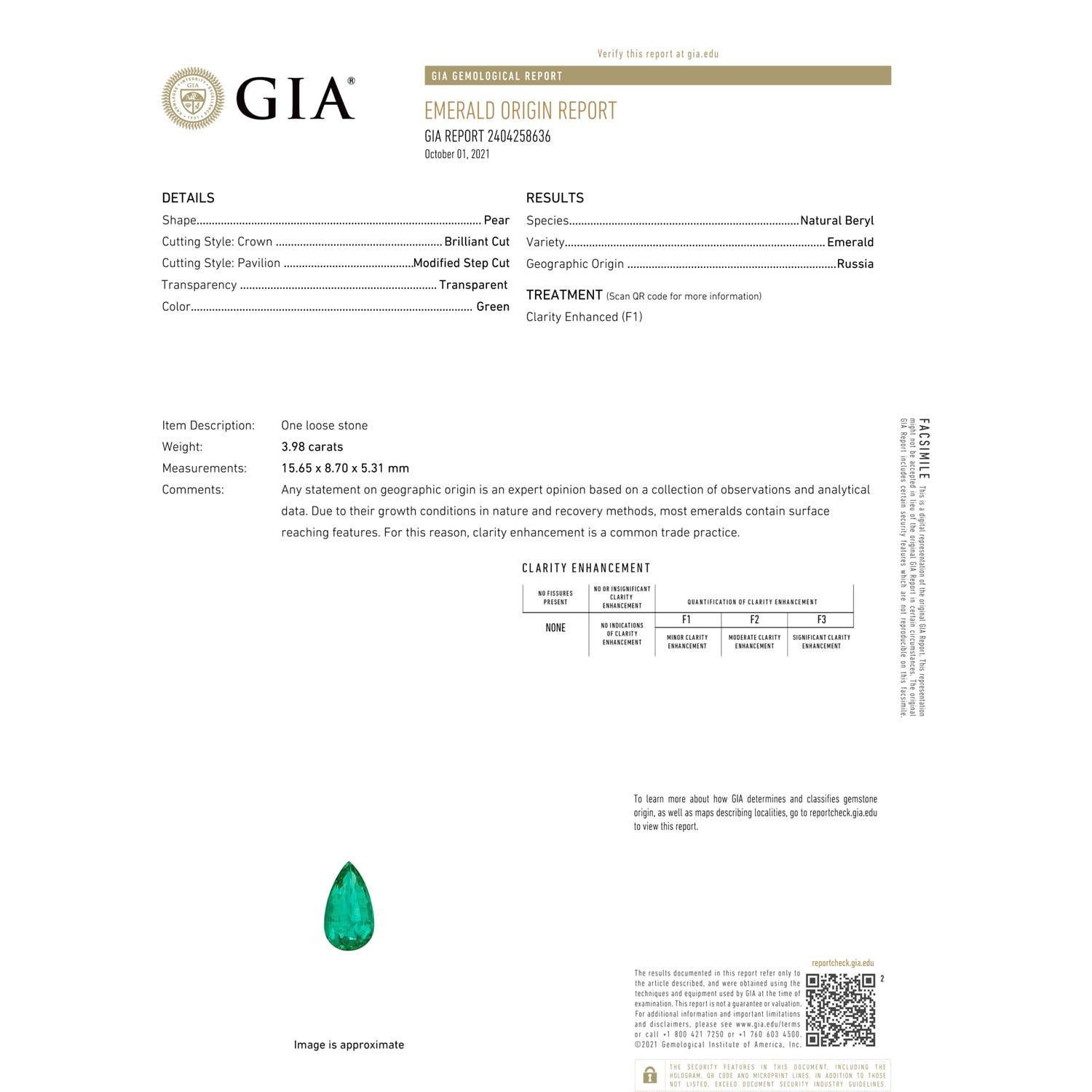 En vente :  Bague en or rose à queue fendue avec émeraude poire naturelle certifiée par le GIA ANGARA 3