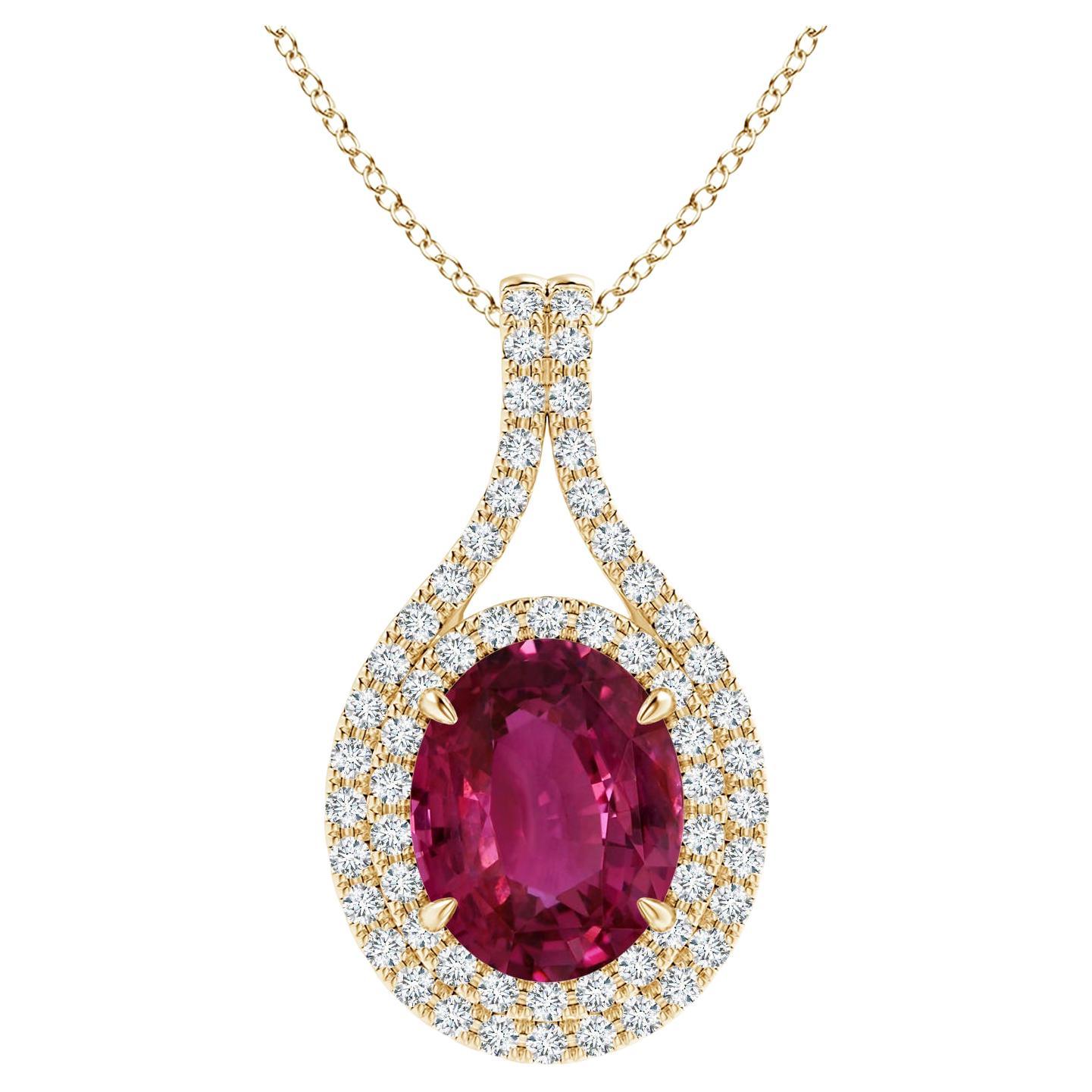 ANGARA GIA Certified Natural Pink Sapphire and Diamond Yellow Gold Pendant For Sale