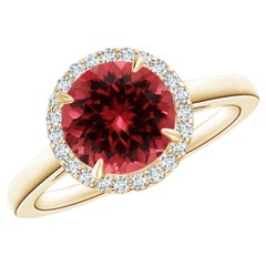 Anillo Halo de Turmalina Rosa Natural y Diamante en Oro Amarillo con Certificado GIA de Angara