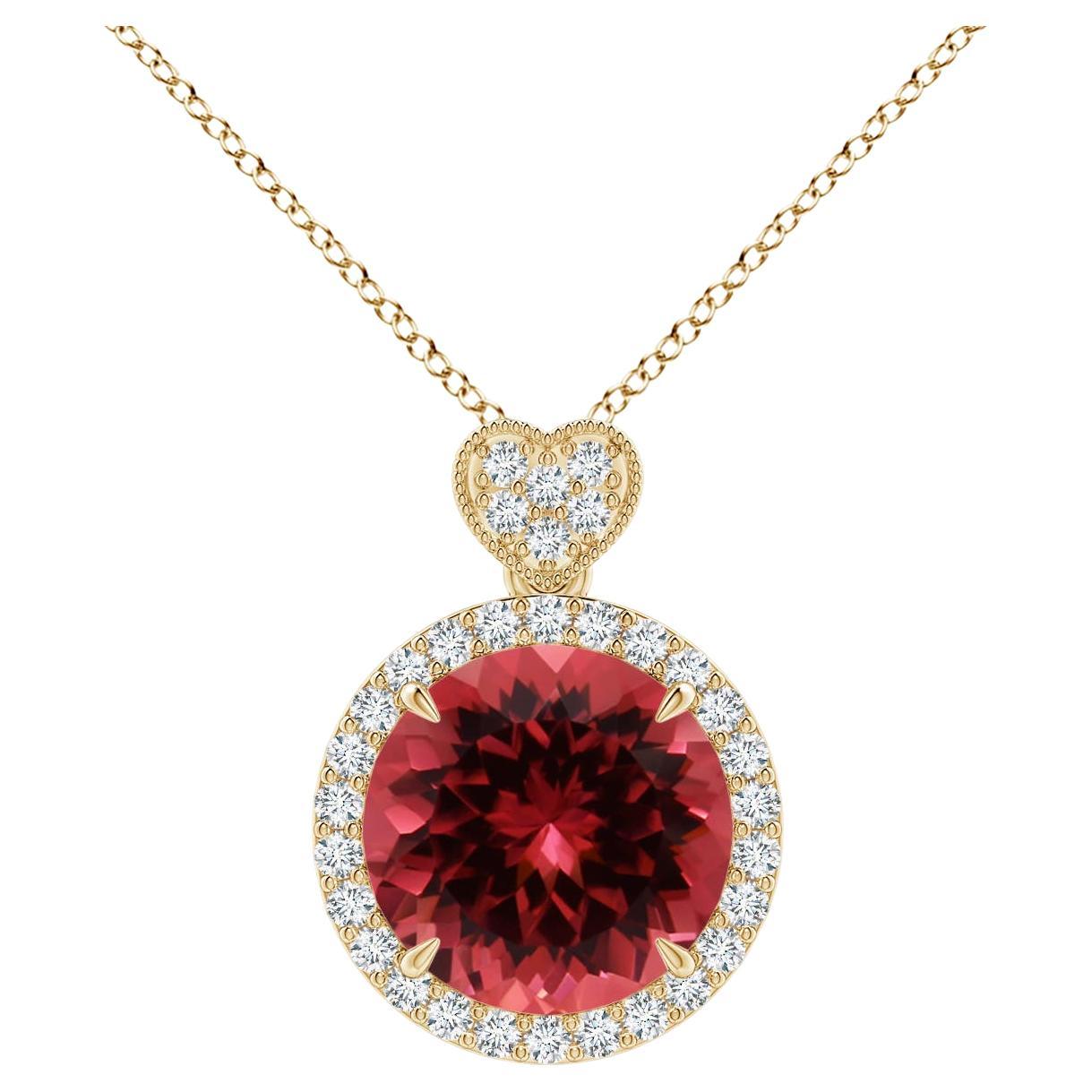 GIA Certified Natural Pink Tourmaline & Diamond Pendant in Yellow Gold For Sale