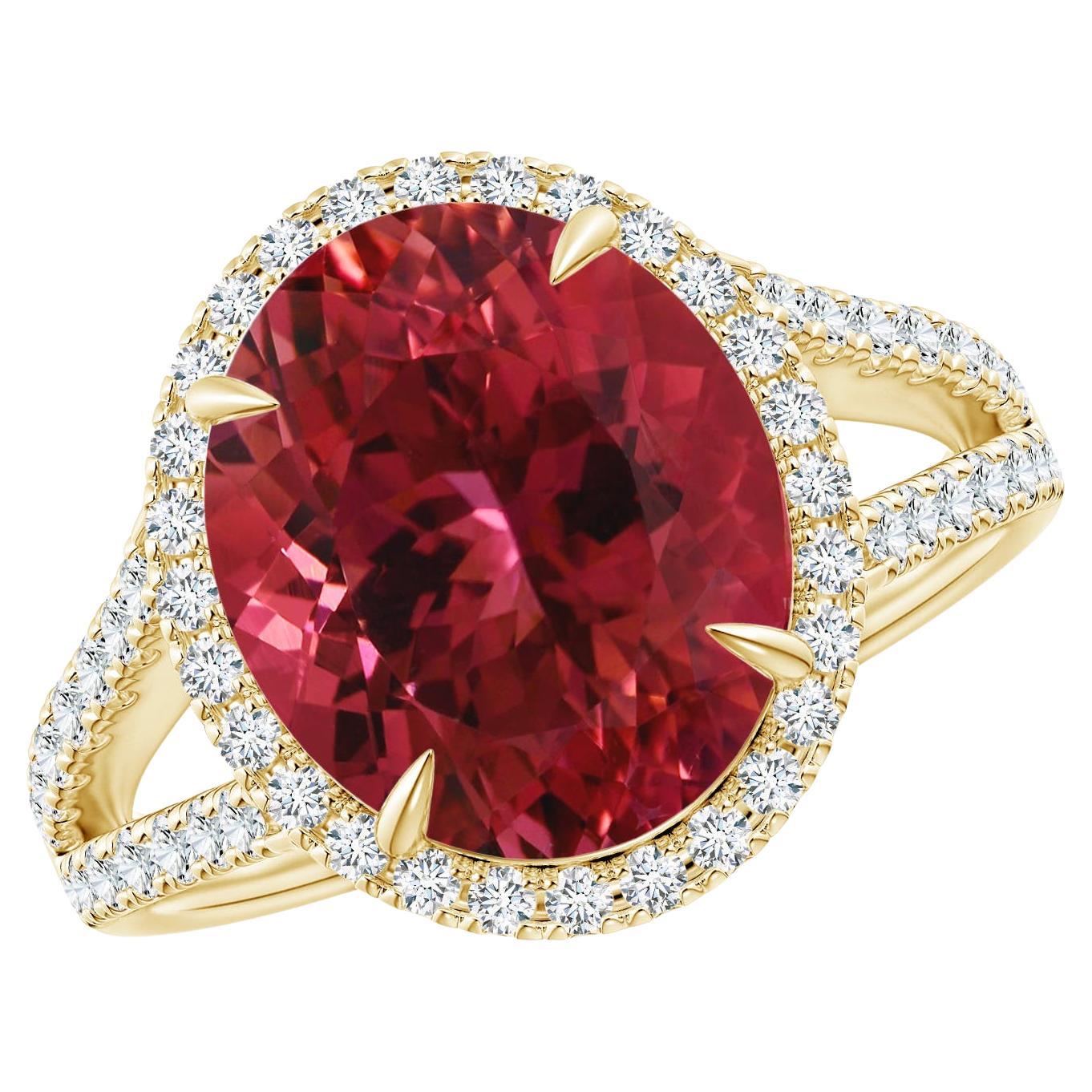 For Sale:  ANGARA GIA Certified Natural Pink Tourmaline Yellow Gold Ring with Halo