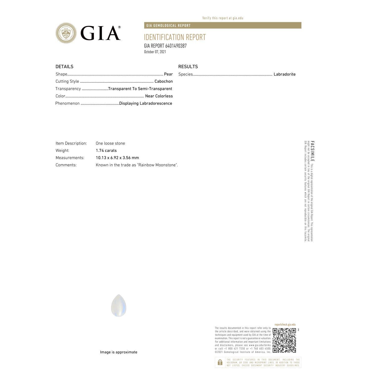 Moderne Pendentif solitaire en pierre de lune arc-en-ciel certifiée GIA en platine en vente