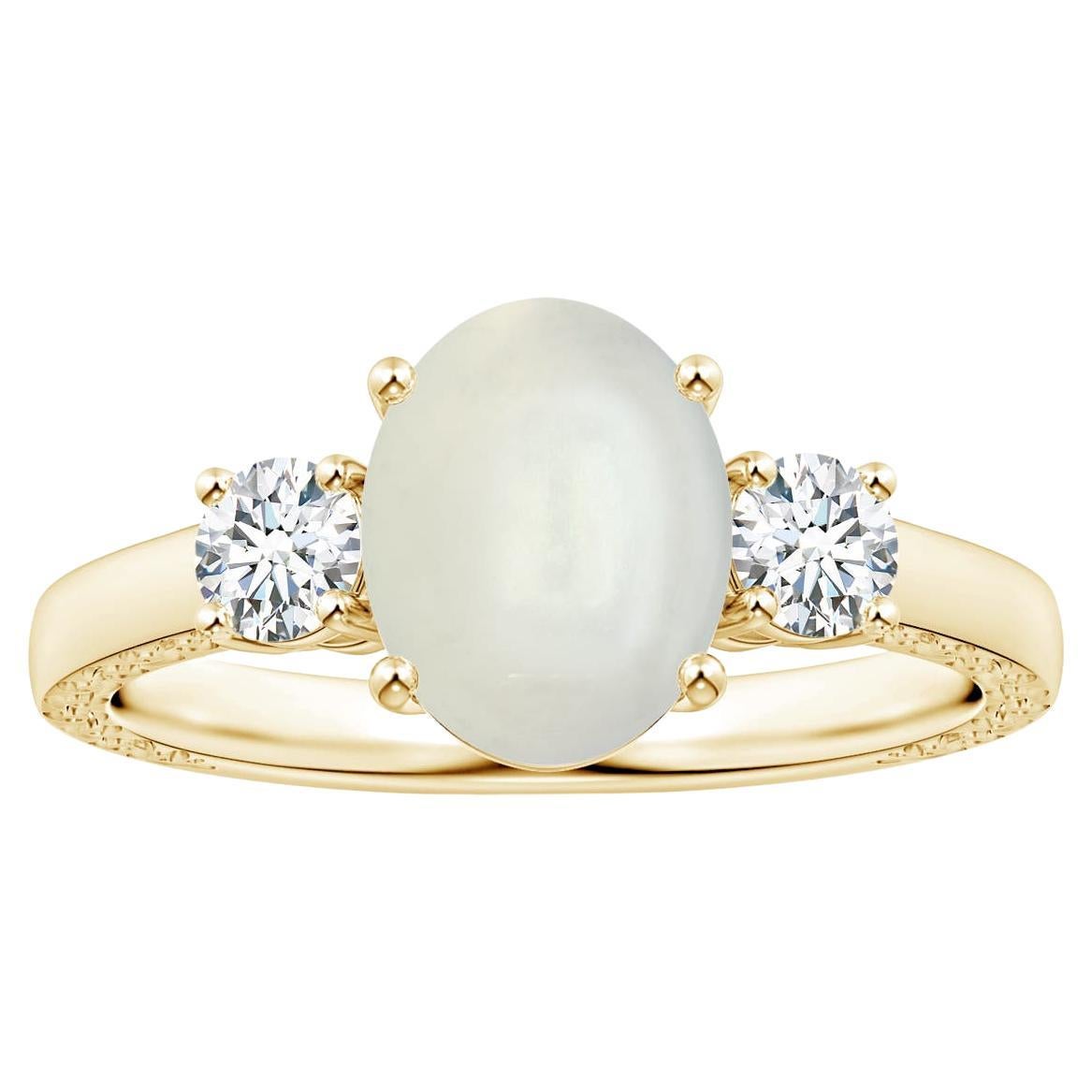 For Sale:  Angara Gia Certified Natural Rainbow Moonstone Three Stone Ring in Yellow Gold