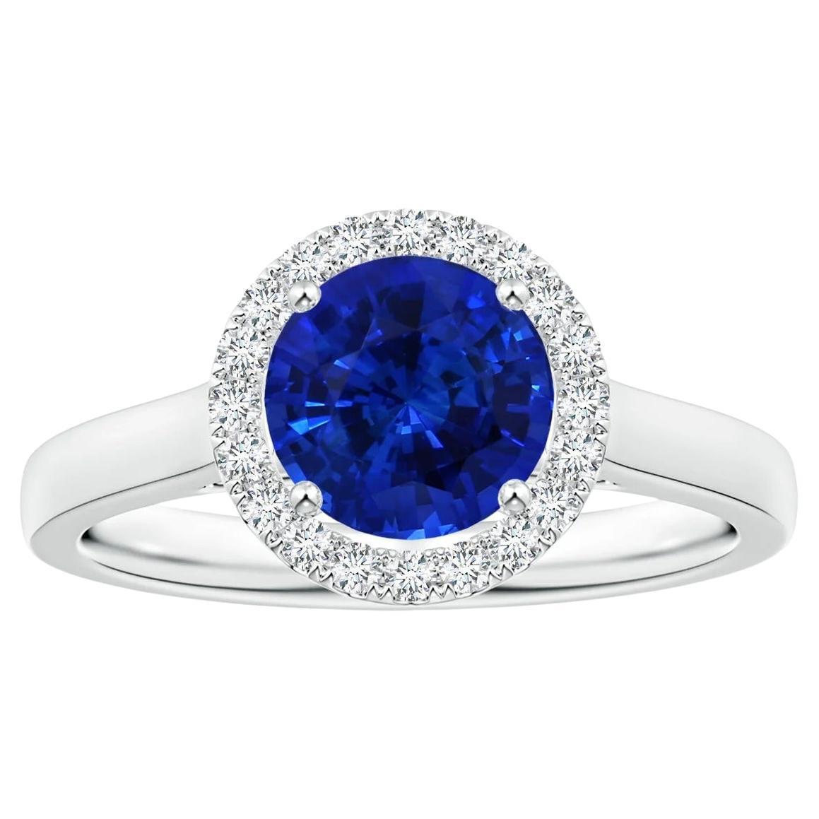 For Sale:  Angara Gia Certified Natural Round Blue Sapphire Ring in White Gold with Halo