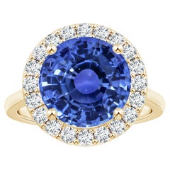 ANGARA GIA Certified Natural Round Blue Sapphire Ring in Yellow Gold with Halo