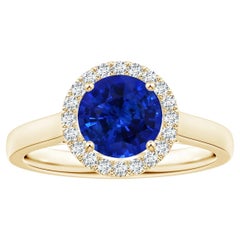 Angara Gia Certified Natural Round Blue Sapphire Ring in Yellow Gold with Halo