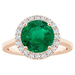 Angara Gia Certified Natural Round Emerald Ring in Rose Gold with Halo