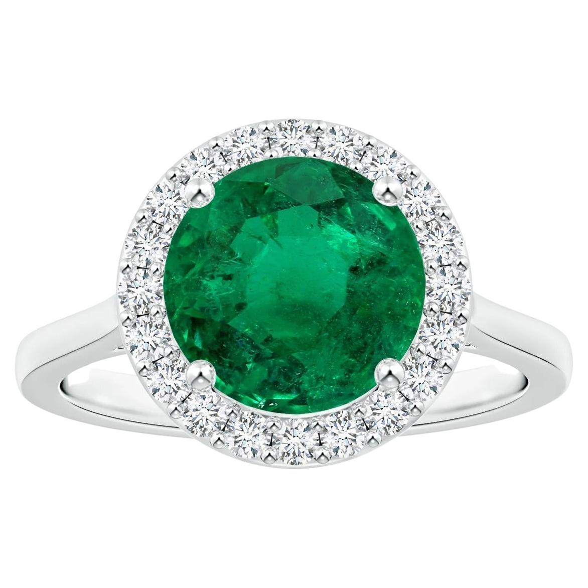For Sale:  Angara Gia Certified Natural Round Emerald Ring in White Gold with Halo