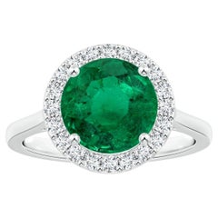 Angara Gia Certified Natural Round Emerald Ring in White Gold with Halo