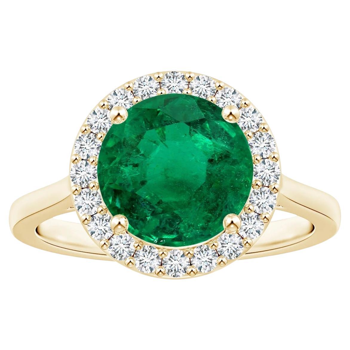 Angara Gia Certified Natural Round Emerald Ring in Yellow Gold with Halo