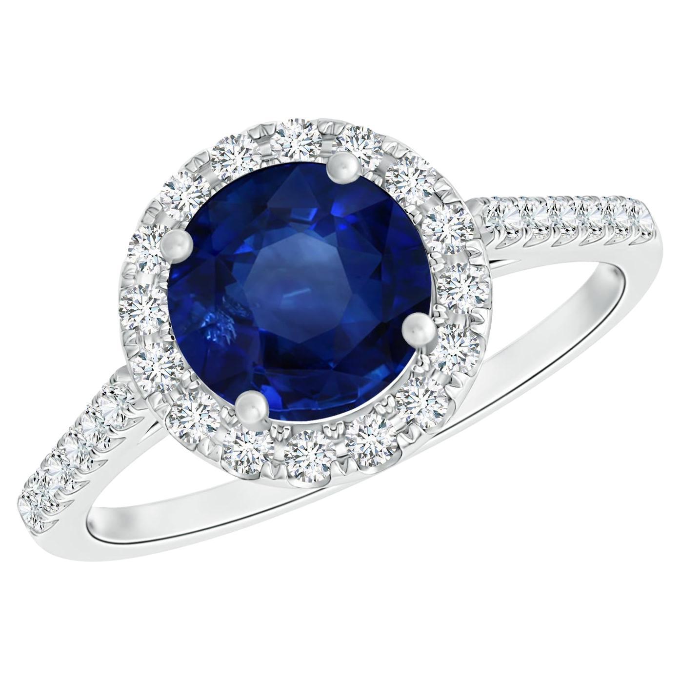 For Sale:  Angara Gia Certified Natural Round Sapphire Ring in Platinum with Diamond Halo