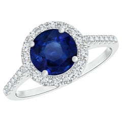 Angara Gia Certified Natural Round Sapphire Ring in White Gold with Diamond Halo