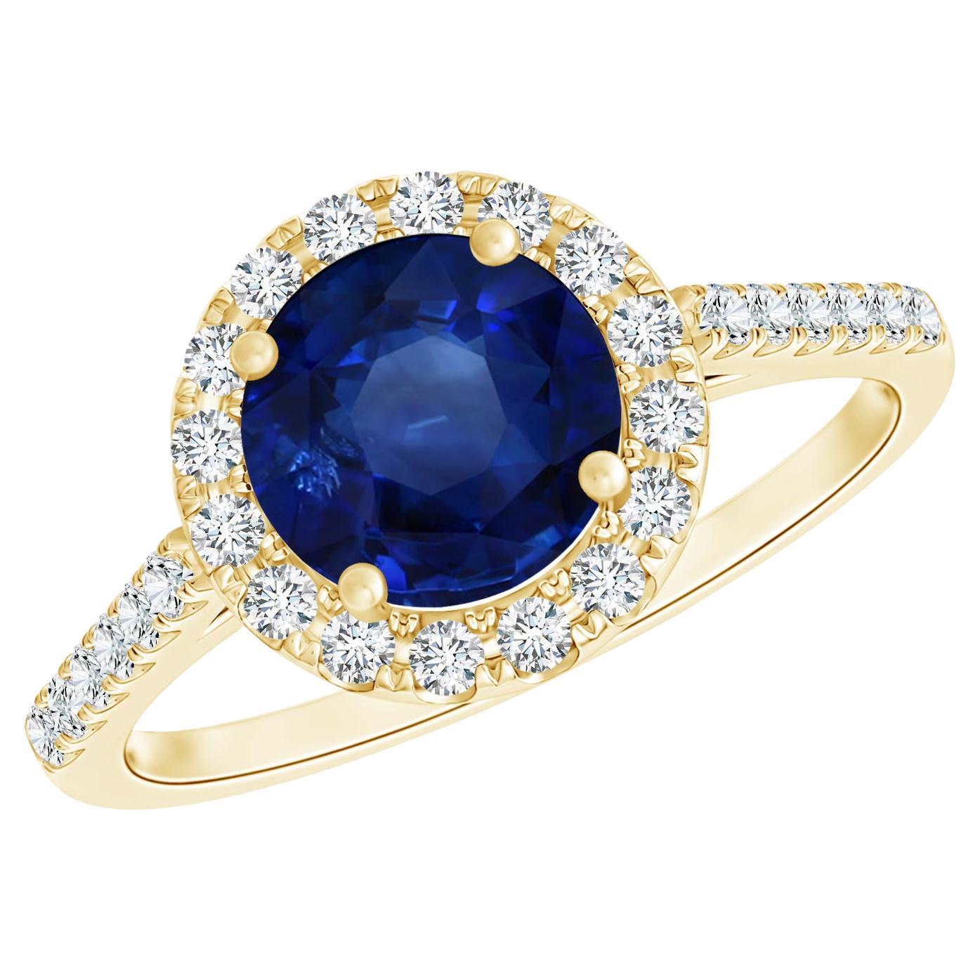 Angara Gia Certified Natural Round Sapphire Yellow Gold Ring with Diamond Halo
