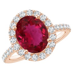 ANGARA GIA Certified Natural 2.87ct Rubelite & Diamond Halo 18K Rose Gold Ring