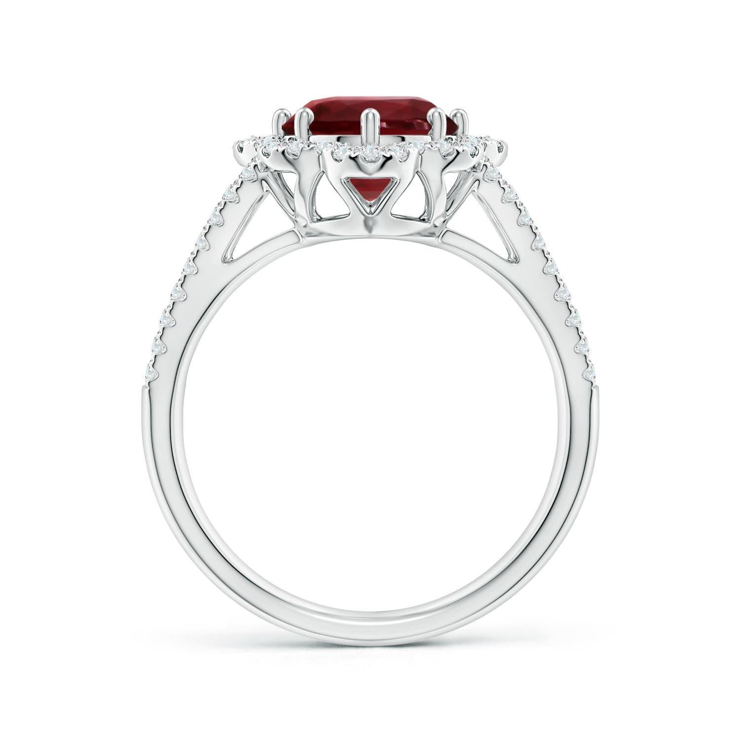 For Sale:  Angara Gia Certified Natural Ruby Floral Halo Split Shank Ring in White Gold 2