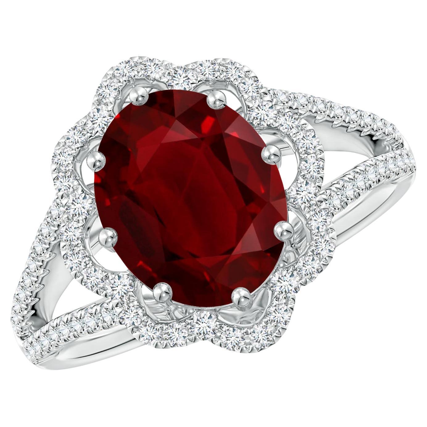 For Sale:  Angara Gia Certified Natural Ruby Floral Halo Split Shank Ring in White Gold