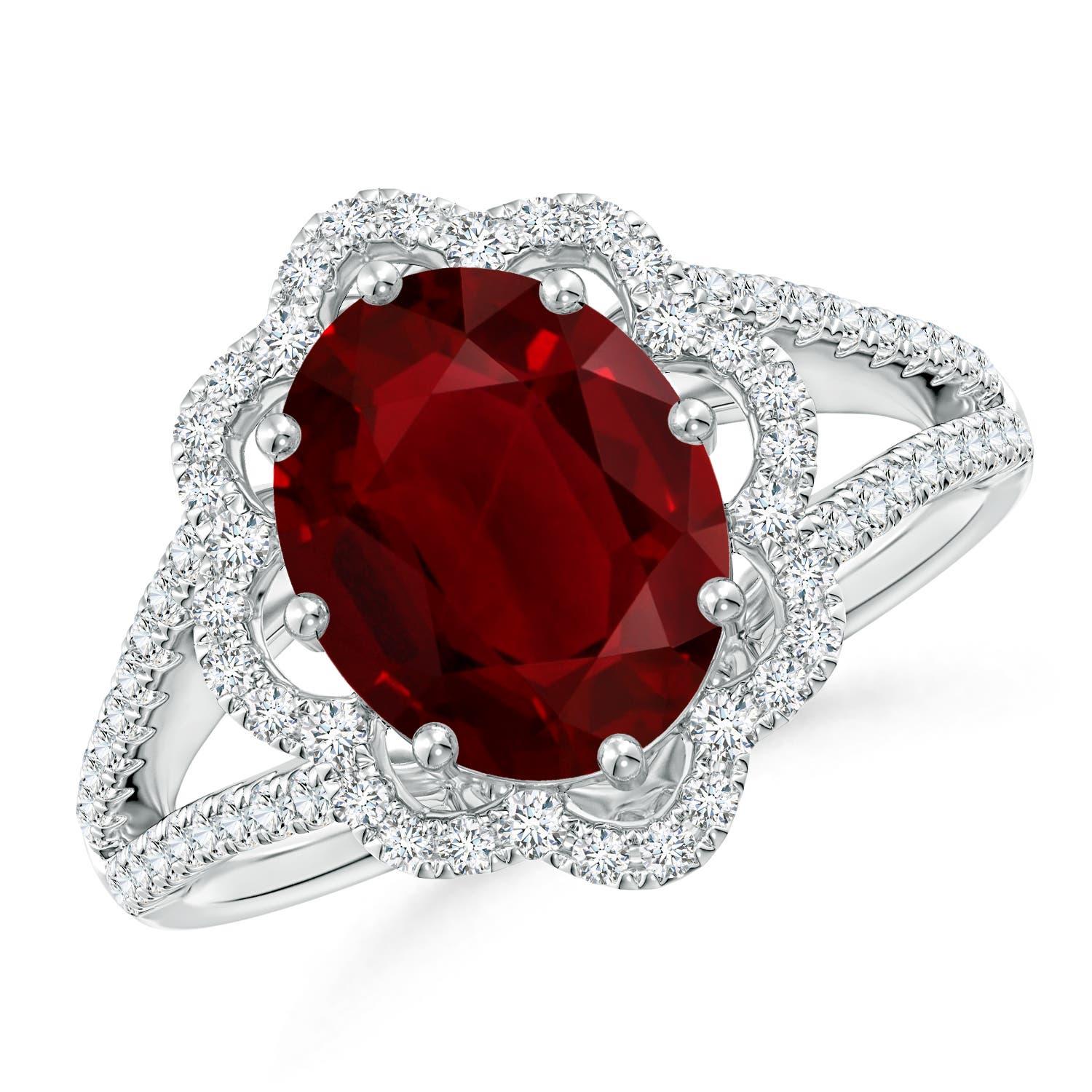 For Sale:  ANGARA GIA Certified Natural Ruby Floral Halo Split Shank Ring in White Gold