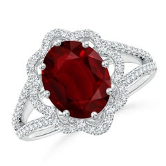 ANGARA GIA Certified Natural Ruby Floral Halo Split Shank Ring in White Gold