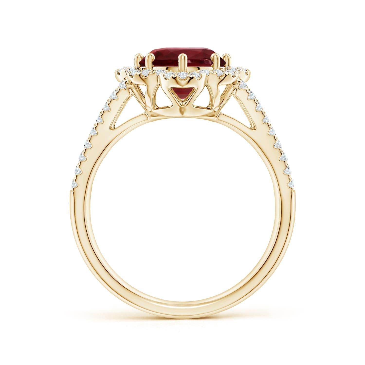 For Sale:  Angara Gia Certified Natural Ruby Floral Halo Split Shank Ring in Yellow Gold 2