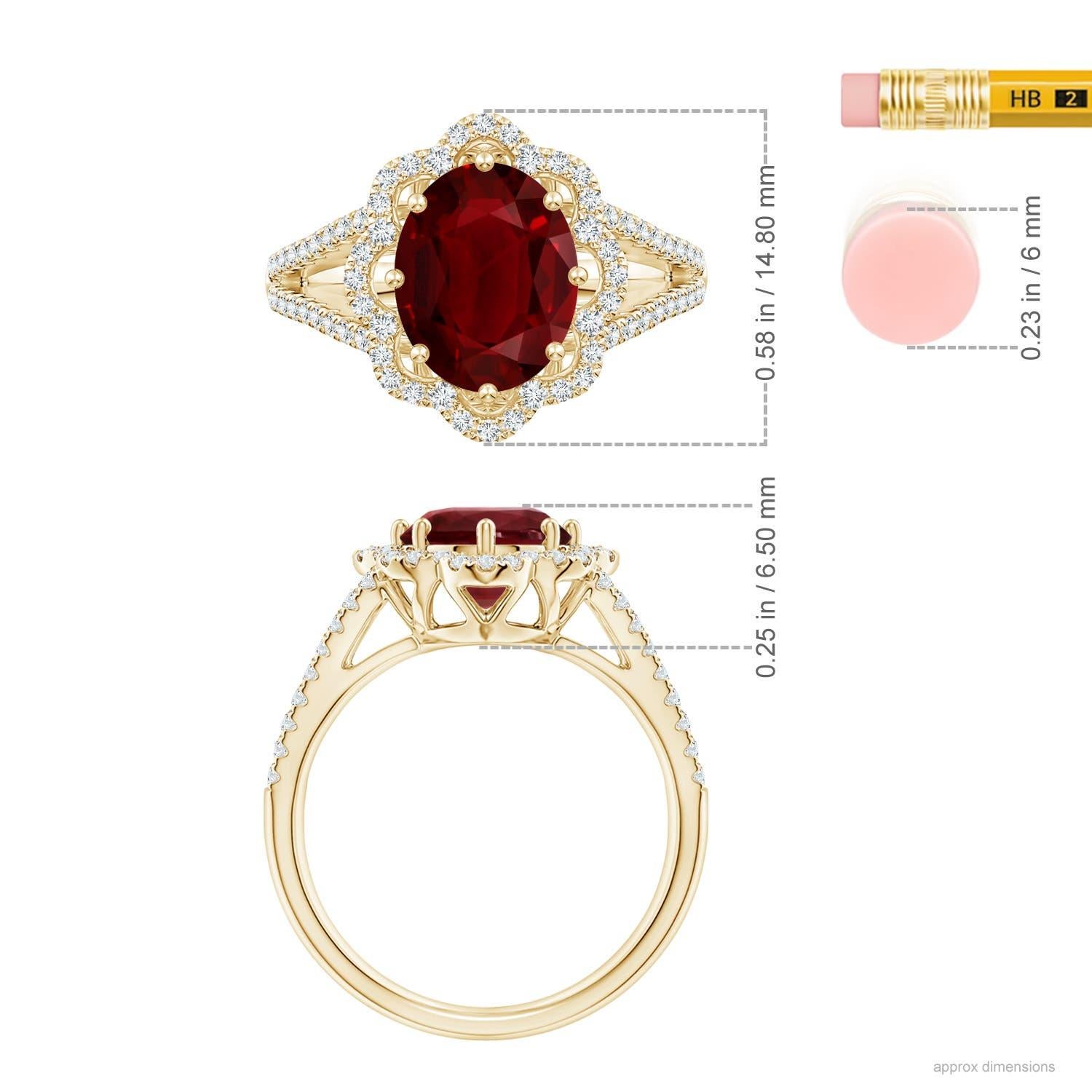 For Sale:  Angara Gia Certified Natural Ruby Floral Halo Split Shank Ring in Yellow Gold 5