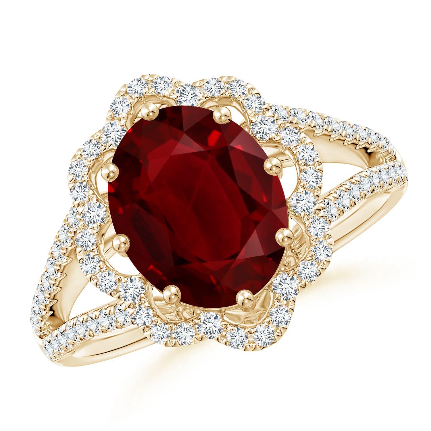 For Sale:  Angara Gia Certified Natural Ruby Floral Halo Split Shank Ring in Yellow Gold