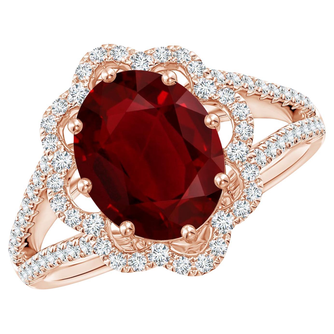 For Sale:  Angara Gia Certified Natural Ruby Floral Halo Split Shank Rose Gold Ring
