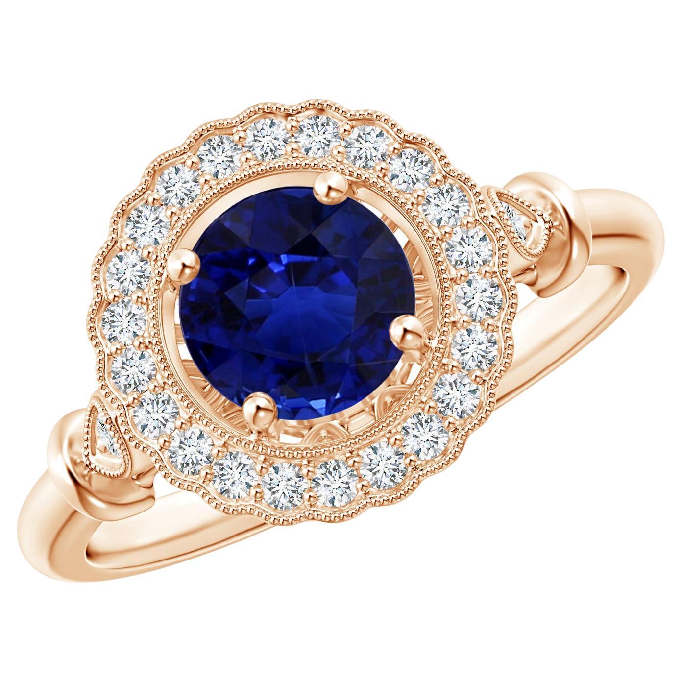 For Sale:  GIA Certified Natural Sapphire Art Deco Inspired Halo Ring in Rose Gold