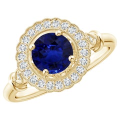 Angara GIA Certified Natural Sapphire Art Deco Inspired Halo Ring in Yellow Gold