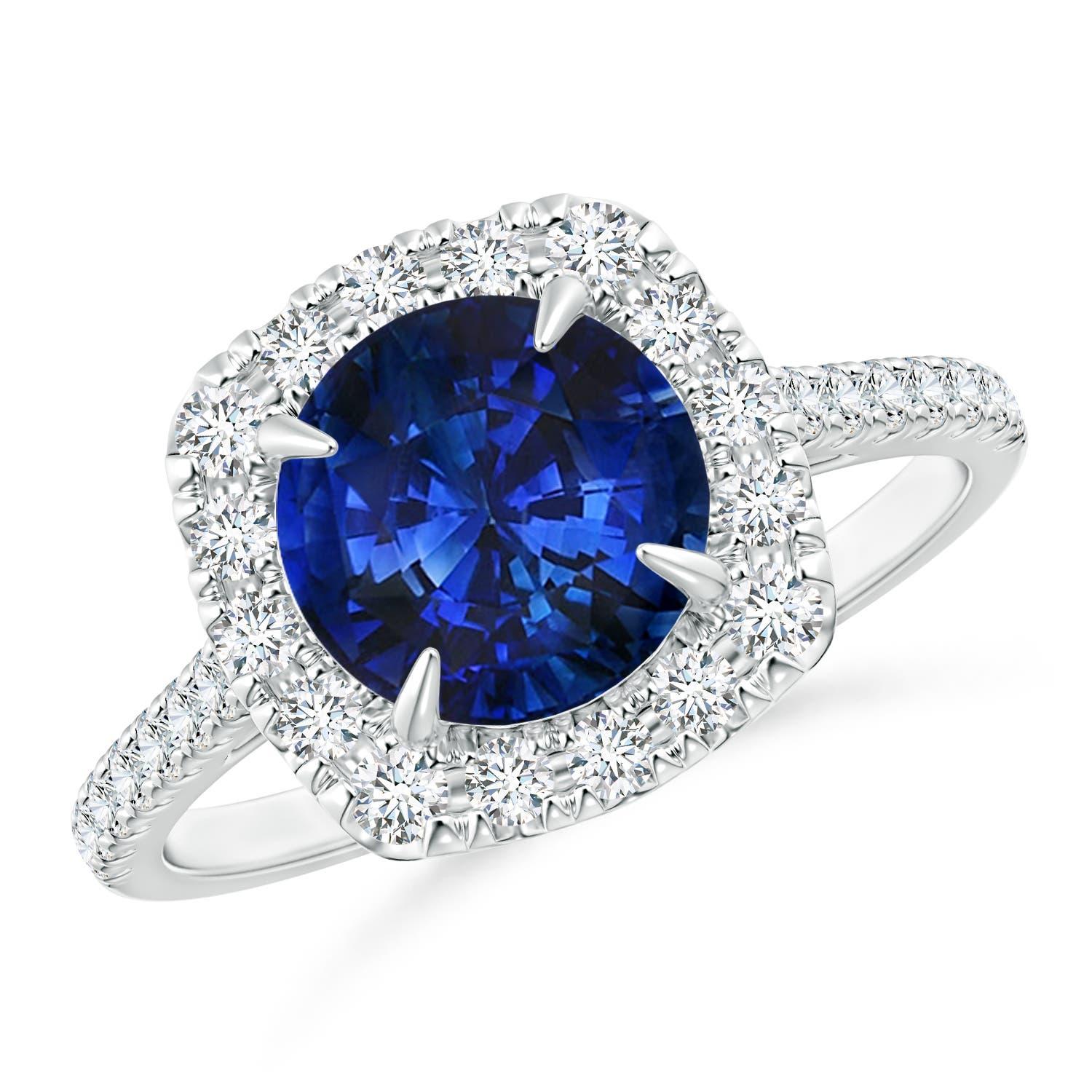 Angara Gia Certified Natural Sapphire Classic Cushion Halo Ring in White Gold