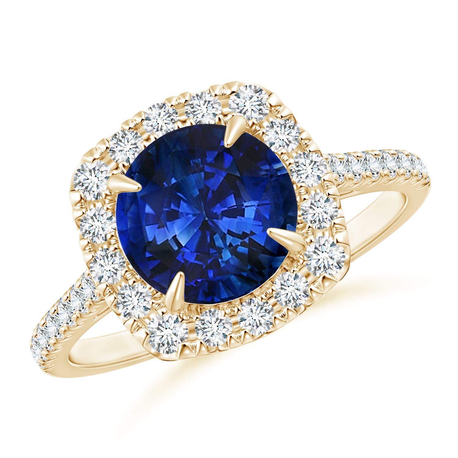 For Sale:  Angara Gia Certified Natural Sapphire Classic Cushion Halo Ring in Yellow Gold