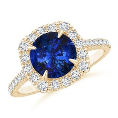 Angara Gia Certified Natural Sapphire Classic Cushion Halo Ring in Yellow Gold