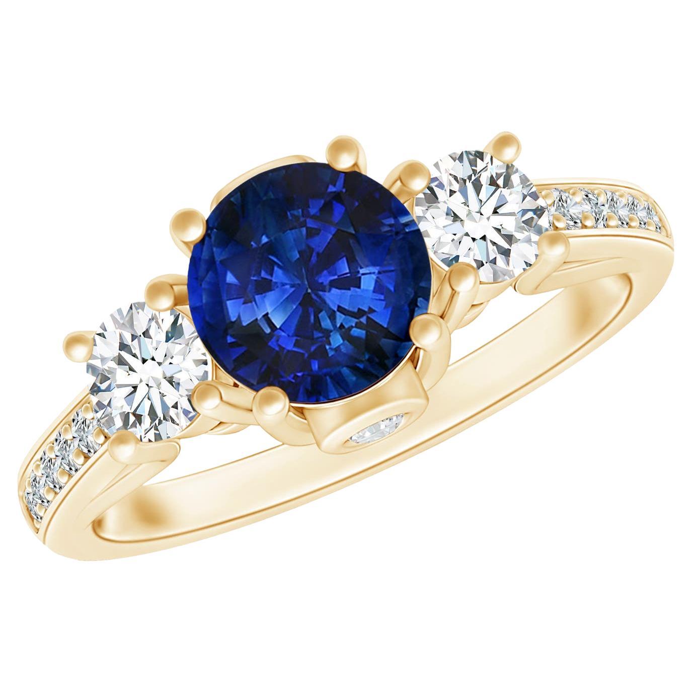 For Sale:  GIA Certified Natural Sapphire & Diamond Three Stone Yellow Gold Ring