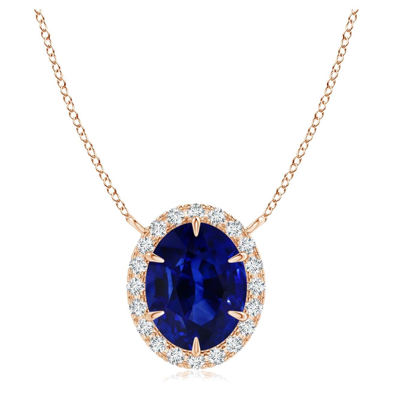 Angara GIA Certified Natural Sapphire Ellipse Halo Rose Gold Pendant Necklace