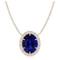 Angara GIA Certified Natural Sapphire Ellipse Halo Rose Gold Pendant Necklace