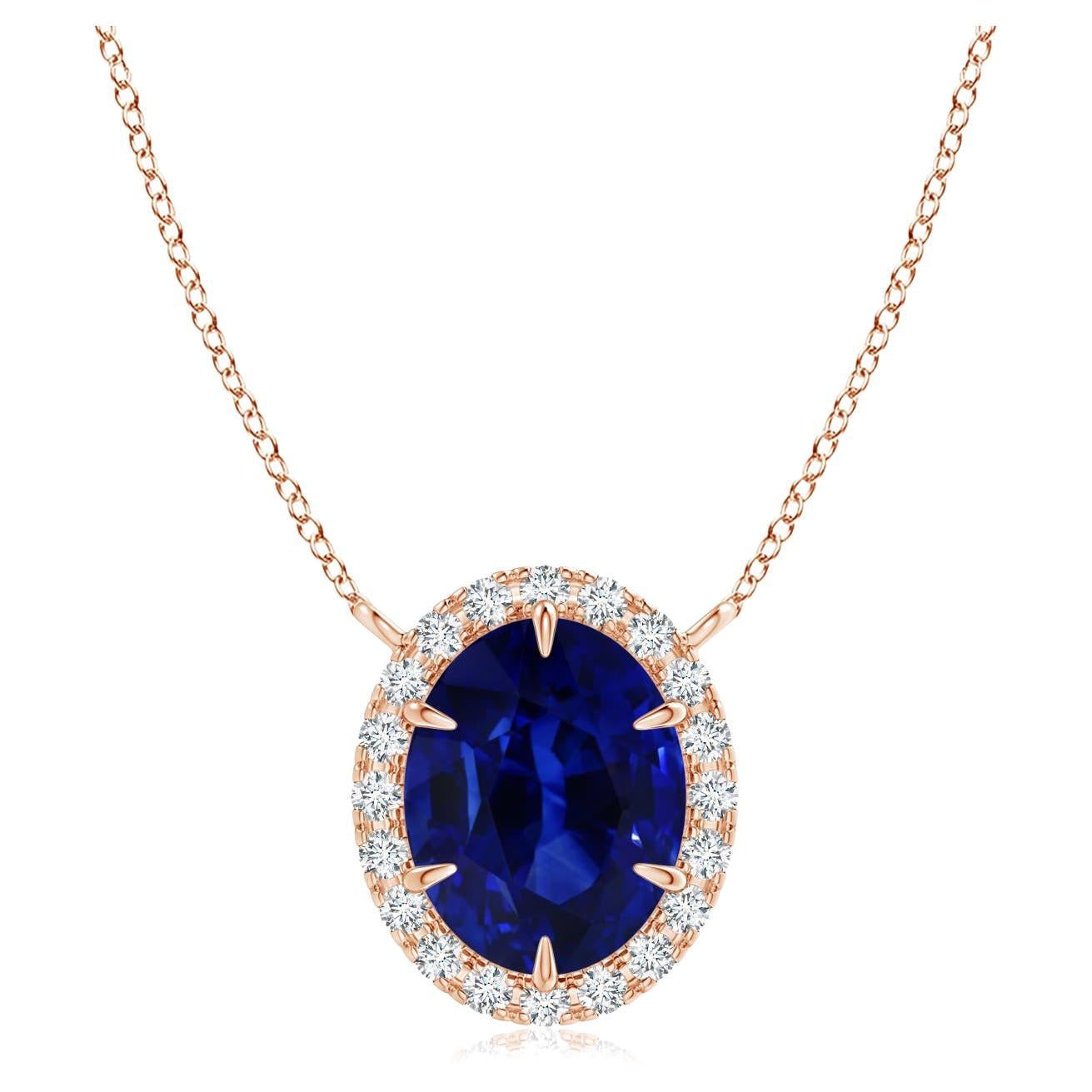 ANGARA GIA Certified Natural Sapphire Ellipse Halo Rose Gold Pendant Necklace For Sale